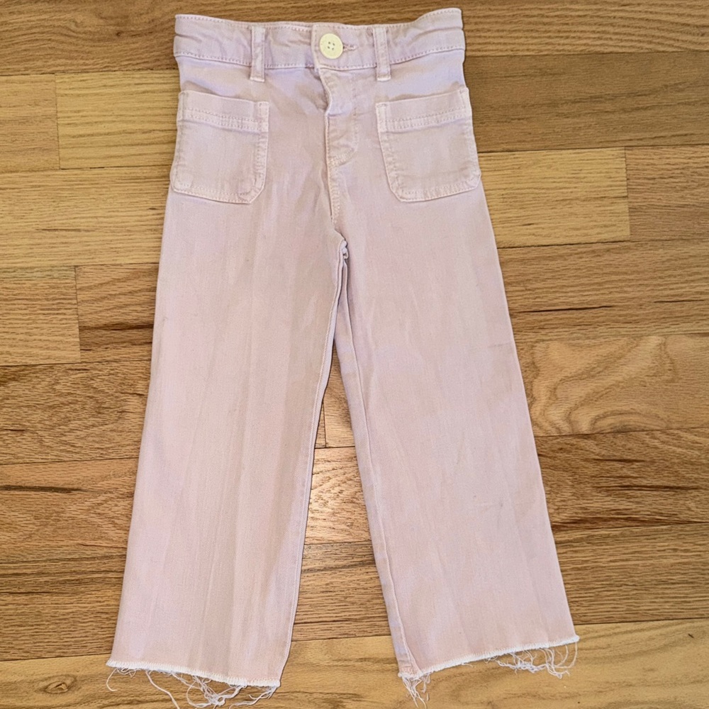 Zara Light Pink Wide-Leg Denim raw hem Pants sz EUR 104
